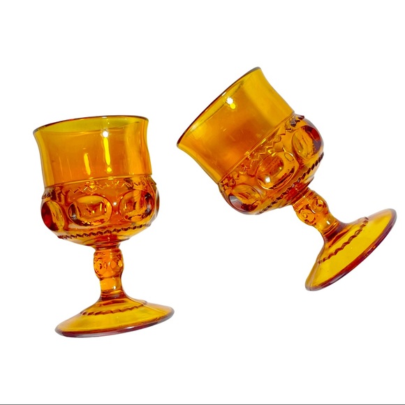 Vtg Indiana Glass Amber Kings Crown Wine Goblets